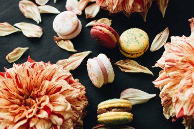 kompozisyon lezzetli parlak macaroons ve çiçek yaprakları, tatlı tatlı 