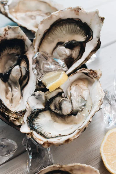 Deliciosas Ostras Con Limón Mariscos Delicadeza — Foto de Stock