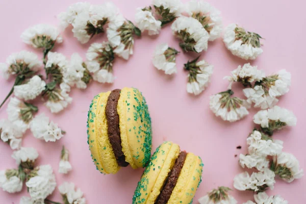 Composição Dois Deliciosos Macaroons Pétalas Florais — Fotografia de Stock