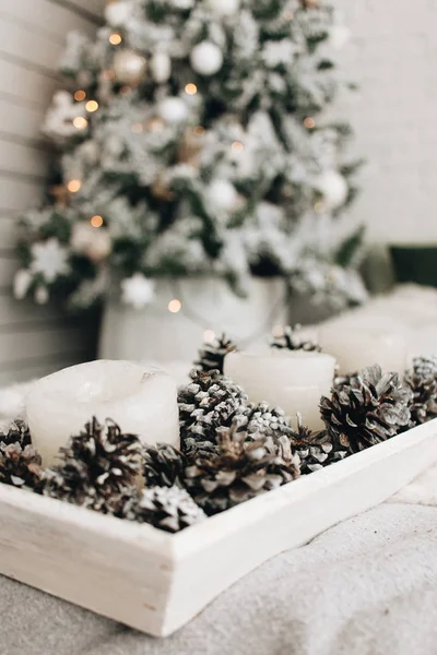 白いキャンドルと松ぼっくりクリスマス装飾 — ストック写真