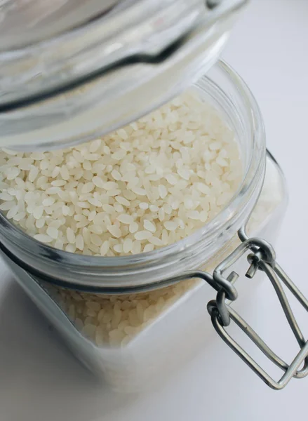 Surowy Biały Ryż Słoiku Makro — Zdjęcie stockowe