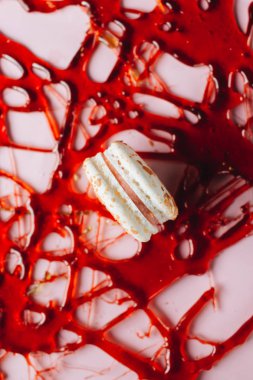 Kırmızı karamel ve Macaroon yaratıcı desen, tatlı arka plan