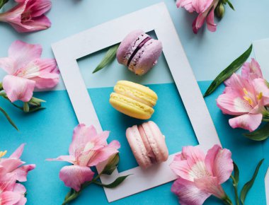 çerçeve ile çiçek arka plan üzerinde lezzetli macaroons