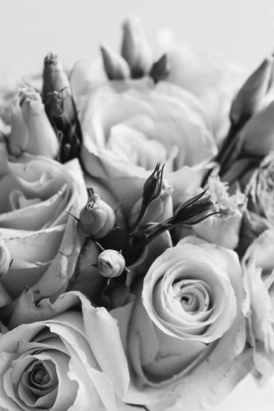 Beautiful spring bouquet with pink and white tender flowers, black and white — Stock Image Beautiful Spring Bouquet Pink White Tender Flowers Black White Stock Image
