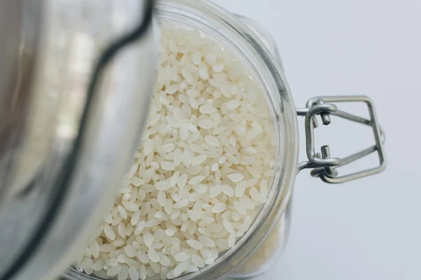 Surowy Biały Ryż Słoiku Makro — Zdjęcie stockowe