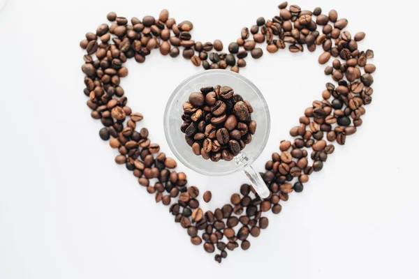 Close View Roasted Coffee Beans Pile Shape Heart — Stock Photo, Image