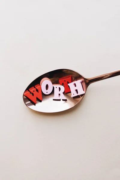 Colorful Wooden Letters Spoon Worth Lettering — Stock Photo, Image