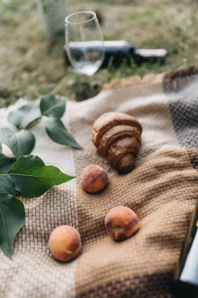 Pique Nique Avec Différentes Collations Sur Herbe Verte Dans Jardin — Photo