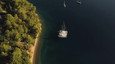 Güzel beyaz yatların ve yeşil adanın hava manzarası. Seyahat, yat, yelken konsepti