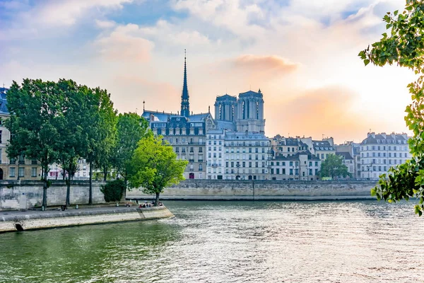 Cite island with Notre dame de Paris cathedral at sunset, Paris, France