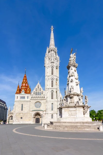 Matthias Church in Fisherman\'s bastion and Holy Trinity column, Budapest, Hungary