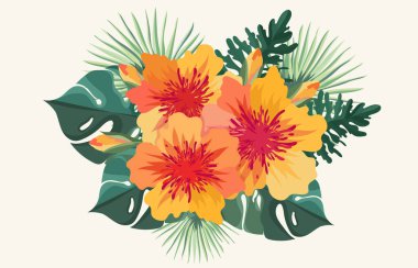 Tropikal çiçek vektör çizim. Çiçek buket düğün Kırtasiye, selamlar, duvar kağıtları, moda, arka planlar, dokular, DIY, sarma, kartpostallar, logo.