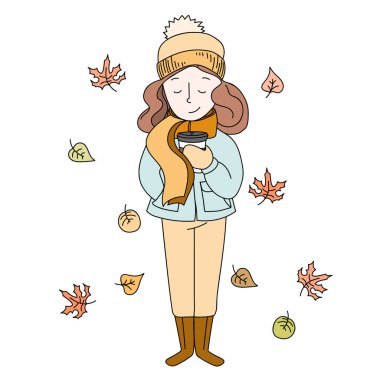 Bir fincan kahve elinde tutan ve kahve aroması kokan bir kız. Sonbahar illüstrasyon. Vektör kontur çizim.