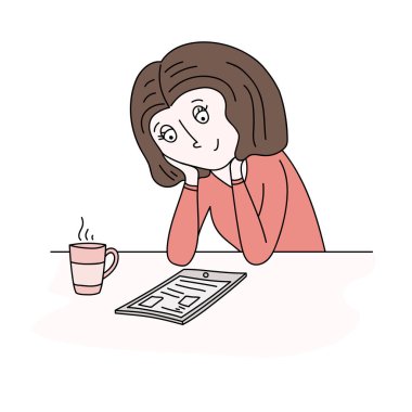 E-kitap, video izlerken okumak için kullanım tablet kadın. Vektör şirin kontur çizim. Fincan çay ve masasının üzerinde görüntülenen tablet.