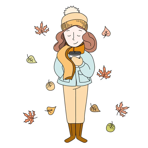 Bir fincan kahve elinde tutan ve kahve aroması kokan bir kız. Sonbahar illüstrasyon. Vektör kontur çizim.