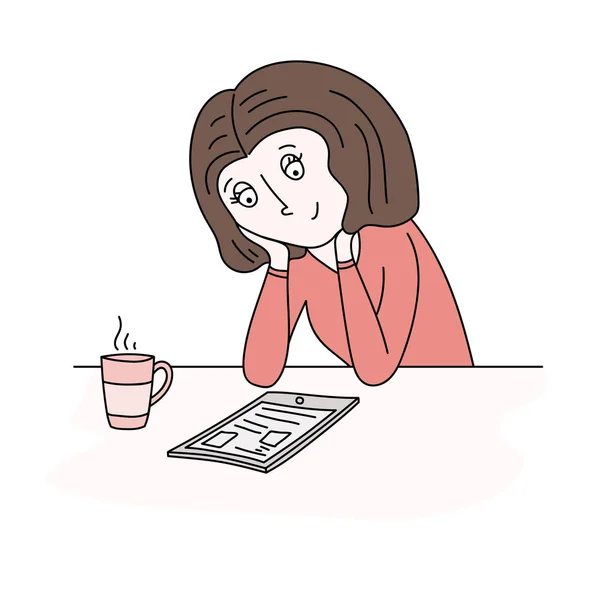 E-kitap, video izlerken okumak için kullanım tablet kadın. Vektör şirin kontur çizim. Fincan çay ve masasının üzerinde görüntülenen tablet.