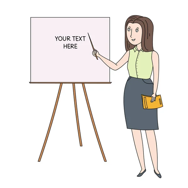 Okul öğretmeni blackboard duruyor. Vektör şirin kontur çizim. Metninizi buraya. İş kadını illüstrasyon.