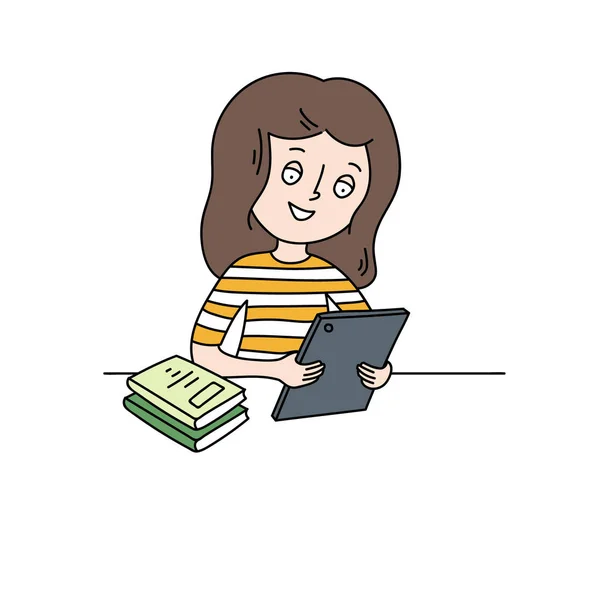 Küçük kız bir tablet ile ev ödevi yok etmelisin yoksa oyunları oynar. Vektör şirin kontur çizim. Masasının üzerinde görüntülenen kitaplar.