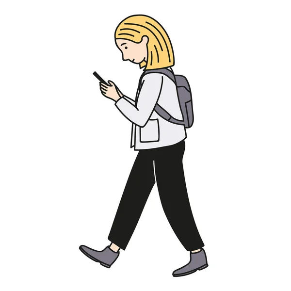 Caddede gidiyor ve akıllı telefon elinde tutan kız. Vektör kontur çizim.