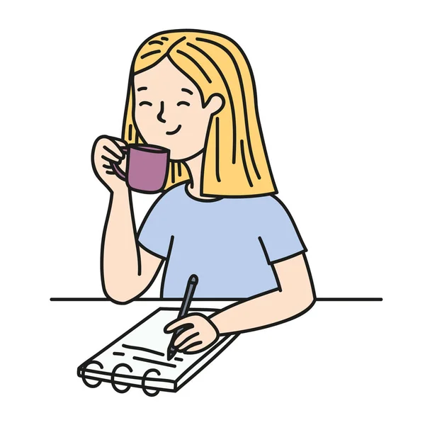写在笔记本和喝咖啡的妇女 矢量逗人喜爱的轮廓图 — 图库矢量图片