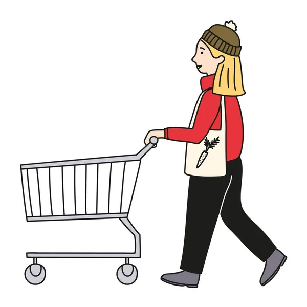 Kız alışveriş sepeti ile alışveriş için olacak. Vektör çizim üzerinde beyaz izole.