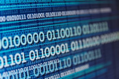 Bilgisayar sceen abstrac ikili veri akışı, ikili sayılar, büyük veri, bilgi - dinamik arka plan mavi imajını