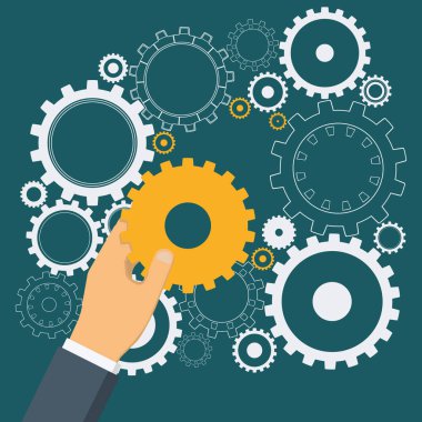 İşadamı koyarak altın dişli dişli mekanizması için el. Başarılı iş sembolü olarak Cogwheels. Vektör çizim, beyaz cogwheels