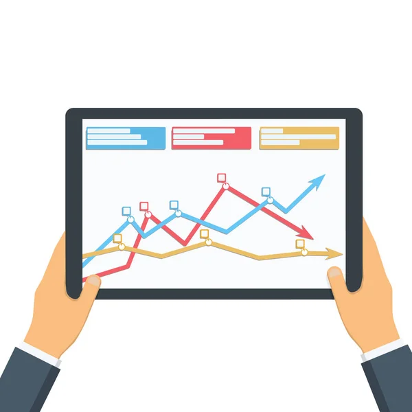 Statistische Gegevens Gepresenteerd Vorm Van Digitale Grafieken Grafieken Tablet Handen — Stockvector