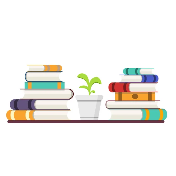 Stack Books Colored Covers Plant Pot Flat Design Style Wooden — Stock Vector