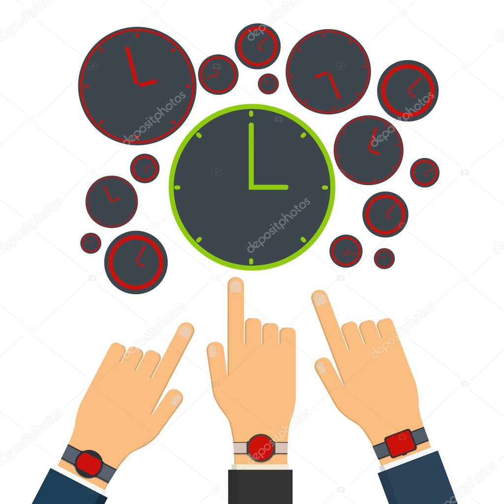 Wrong time on red clock and watches. Right time on green clock. Businessmen in suits with watches. Vector, illustration.