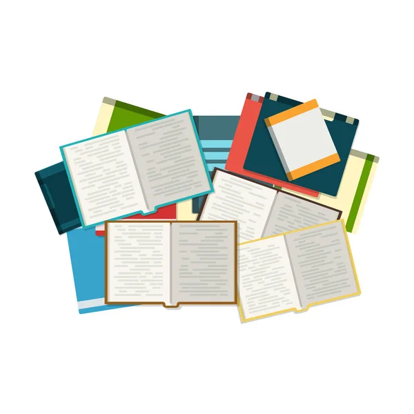 Açık kitap kitaplar arka planda yığınları ile. Eğitim, eğitim. Kitap vektör illüstrasyon kavramı. Kurslar ve mezuniyet işlemi.