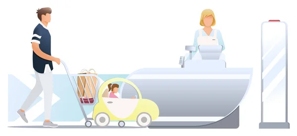 Marketten alışveriş. Tramvaya binen adam ve yanındaki kasiyer masasının yanında durur. Çocuk ve çocuk için tramvay. Hırsızlık önleyici sensörlü bir güvenlik sistemi. Vektör, illüstrasyon beyaz üzerine izole edildi.