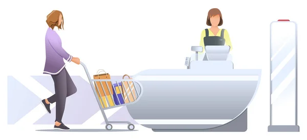 Compras en la tienda. Cliente mujer con carro y bolsa de papel en ella, de pie cerca del escritorio del cajero con cajero femenino. Robo de seguridad con sensor antirrobo. Vector, ilustración aislada en blanco . — Vector de stock