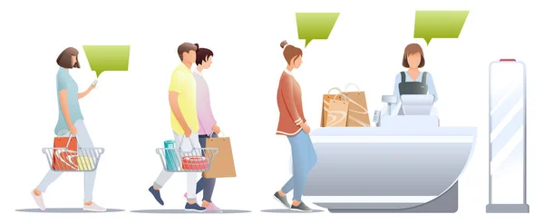 Männliche und weibliche Kunden mit Einkaufskorb stehen isoliert auf weißem Hintergrund in der Nähe der Kasse. Konzept von Einkäufen im Geschäft und Warten in der Schlange vor dem Geschäft. Diebstahlsicherung Sensor, Vektor. — Stockvektor