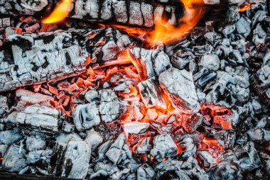 Beautiful saturated photo of a burning fire with logs and embers. clipart