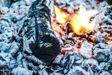 Günlükleri ve köz ile yanan ateş güzel doymuş fotoğraf.
