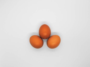 Beyaz zemin üzerinde üç kahverengi yumurta. Fotoğraf Gıda ve sağlık hakkında hikayeler için uygundur.