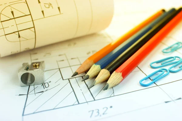 Otwieranie Rysunków Ołówkiem Inżynierii Projektowania Projektów Budowlanych Planowanie — Zdjęcie stockowe