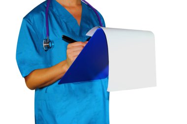 kadın tıp Doktor Tıp hasta için elinde izole kırpma yolu ile beyaz arka plan üzerinde