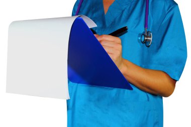 kadın tıp Doktor Tıp hasta için elinde izole kırpma yolu ile beyaz arka plan üzerinde