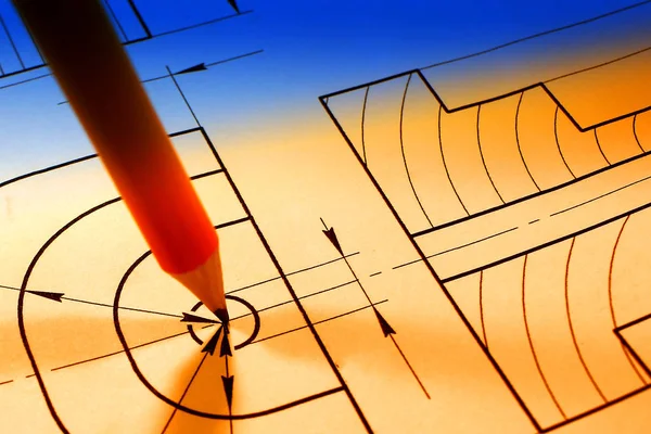 Open drawings with a pencil. Engineering and design. Construction projects. Planning.