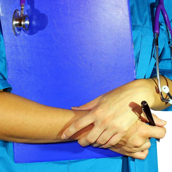 Visão Perto Mão Médico Verificando Saúde Paciente Com Estetoscópio Uma — Fotografia de Stock