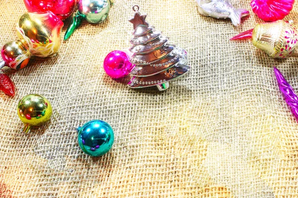 Christmas Background Holiday View Christmas Decorations Located Rough Fabric Space — Stock Photo, Image