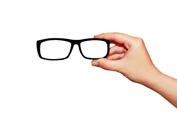 人間の手が白い背景で隔離のメガネのクローズ アップ — ストック写真