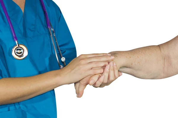 Dwie Osoby Trzymając Się Ręce Lekarzem Trzymając Pacjenta Wsparcie Empatii — Zdjęcie stockowe