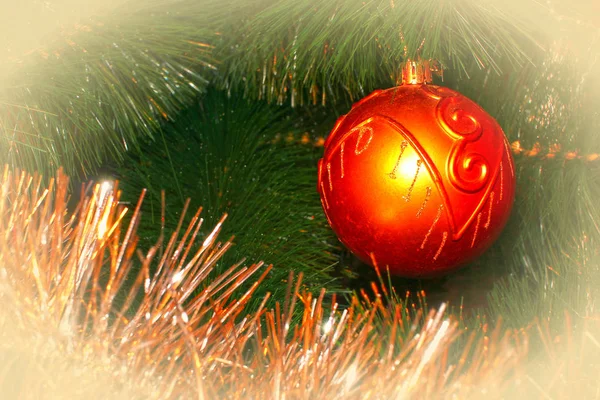 Viering Kerstvakantie Achtergrond Kerstboom Decoratie Kerstbal Vignet — Stockfoto