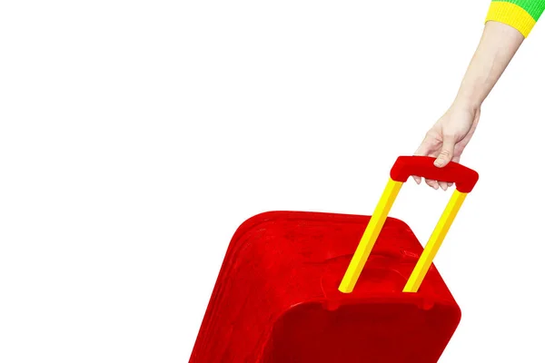Vue Latérale Une Main Avec Une Valise Rouge Isolée Sur — Photo