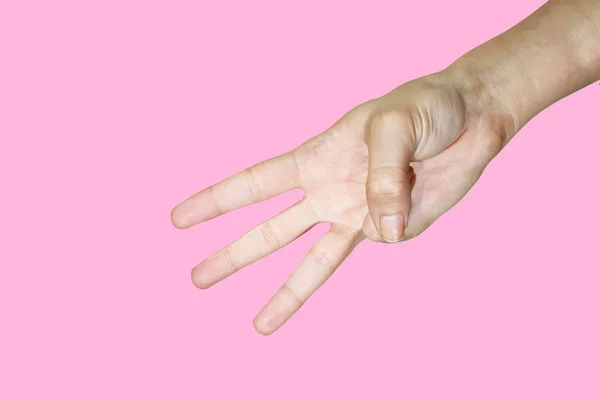 Ізольовані Рожевому Фоні Жести Рук Людина Яка Показує Пальці — стокове фото
