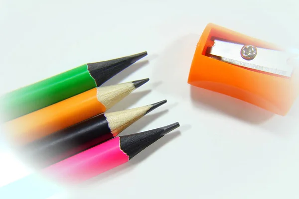 Pencil Sharpeners Colored Pencils Pile Conceptual Art Vignette — Stock Photo, Image