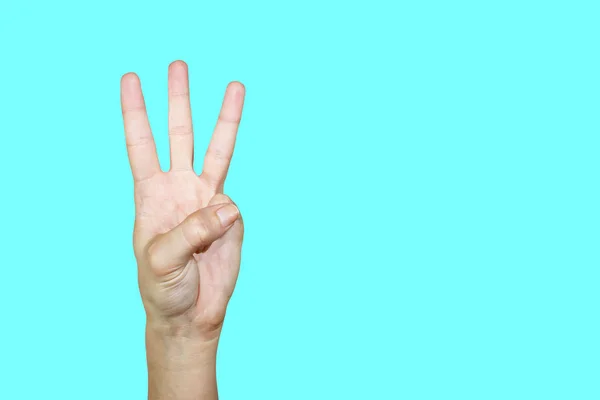 隔离在蓝色背景上 手的手势 这是显示手指的人 — 图库照片